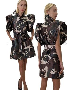 By Nancy Camouflage Puff-Sleeve Shirt Dress without Belt - Brown Camo